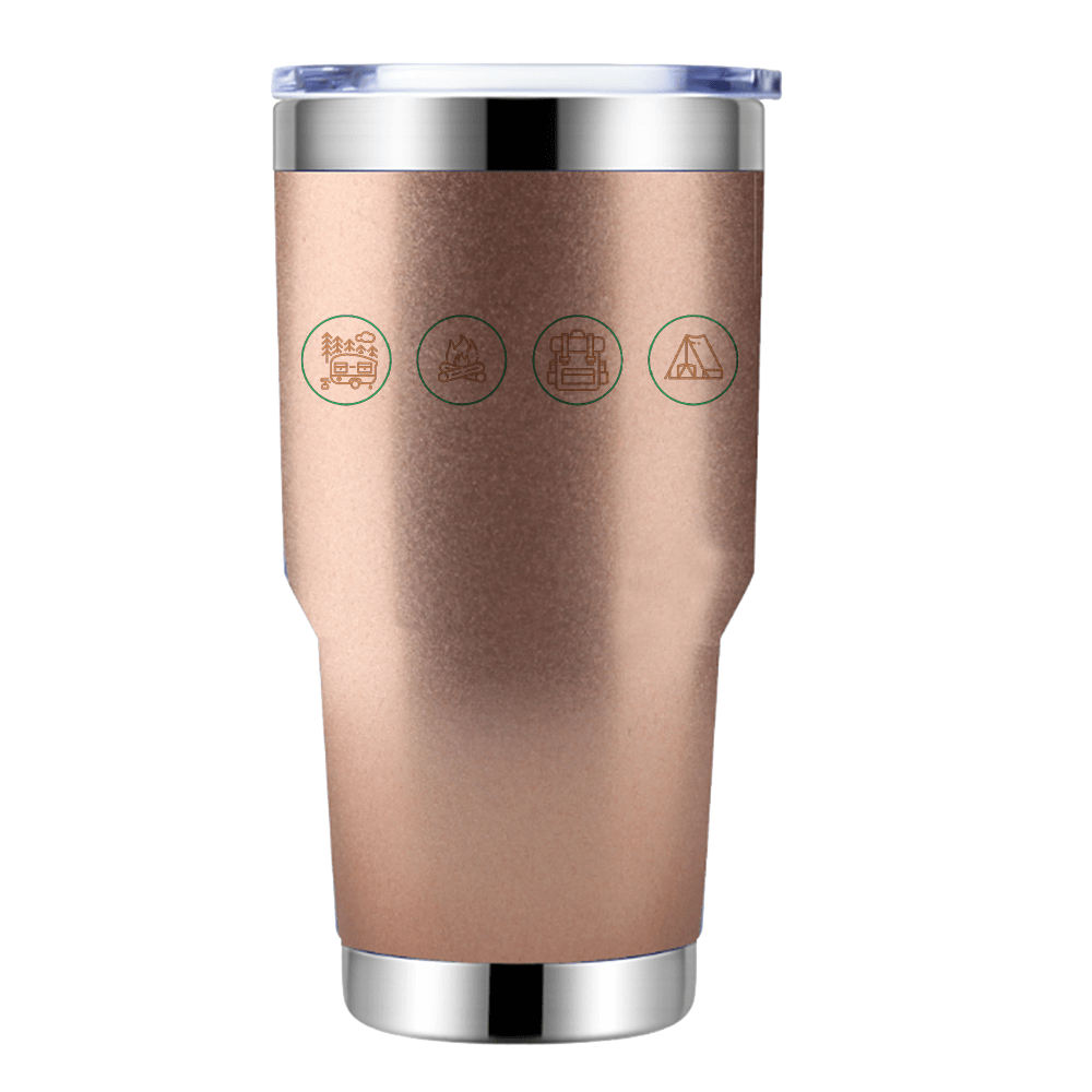 Camp Life 30oz Insulated Vacuum Sealed Tumbler in stainless steel with a splash-proof lid, showcasing its sleek design and UV-printed graphics.