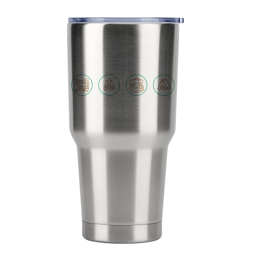 Camp Life 30oz Insulated Vacuum Sealed Tumbler in stainless steel with a splash-proof lid, showcasing its sleek design and UV-printed graphics.