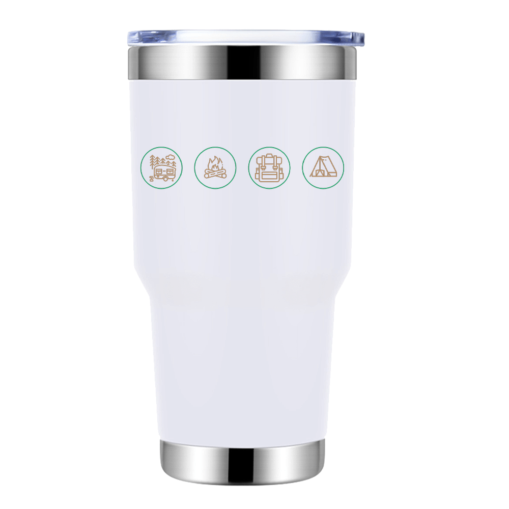 Camp Life 30oz Insulated Vacuum Sealed Tumbler in stainless steel with a splash-proof lid, showcasing its sleek design and UV-printed graphics.