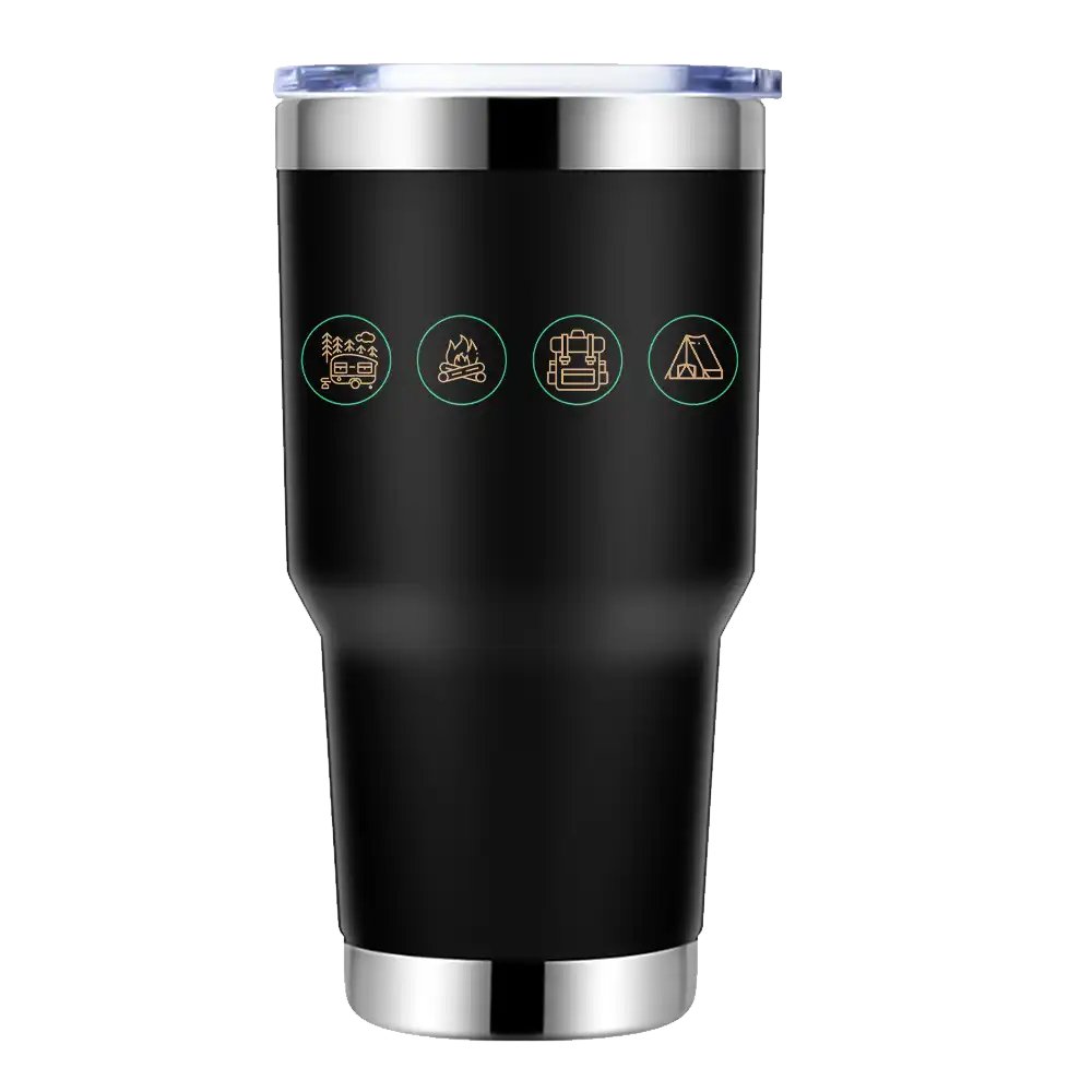 Camp Life 30oz Insulated Vacuum Sealed Tumbler in stainless steel with a splash-proof lid, showcasing its sleek design and UV-printed graphics.