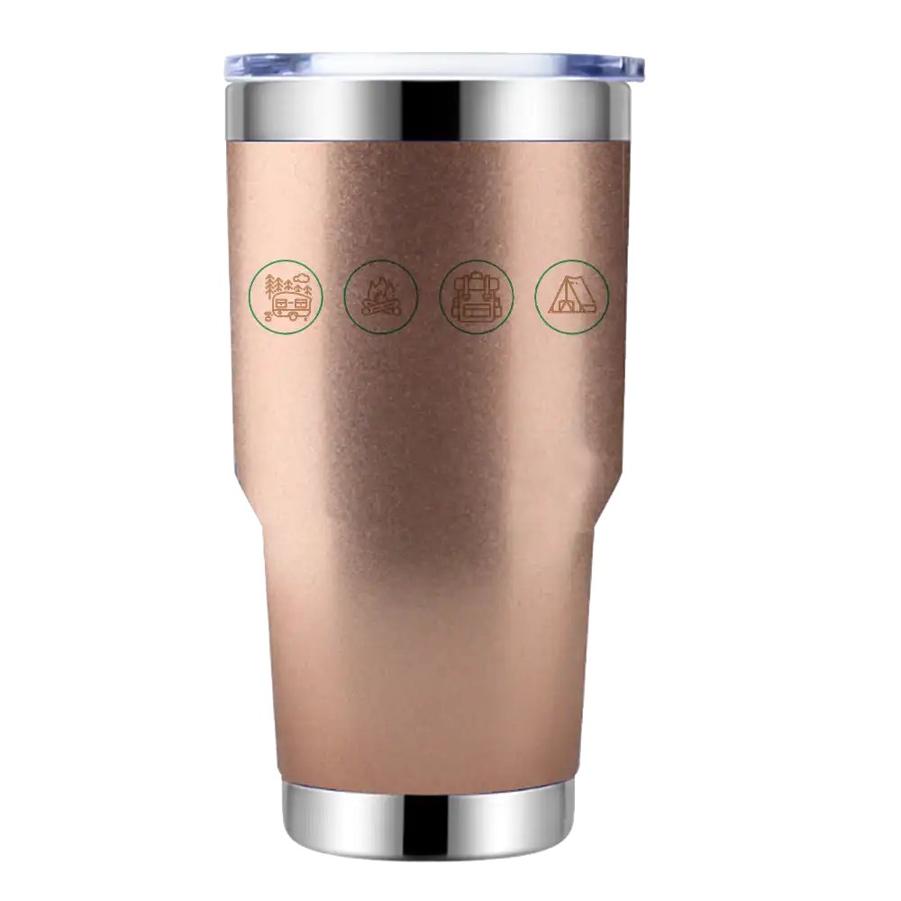 Camp Life 30oz Insulated Vacuum Sealed Tumbler in stainless steel with a splash-proof lid, showcasing its sleek design and UV-printed graphics.