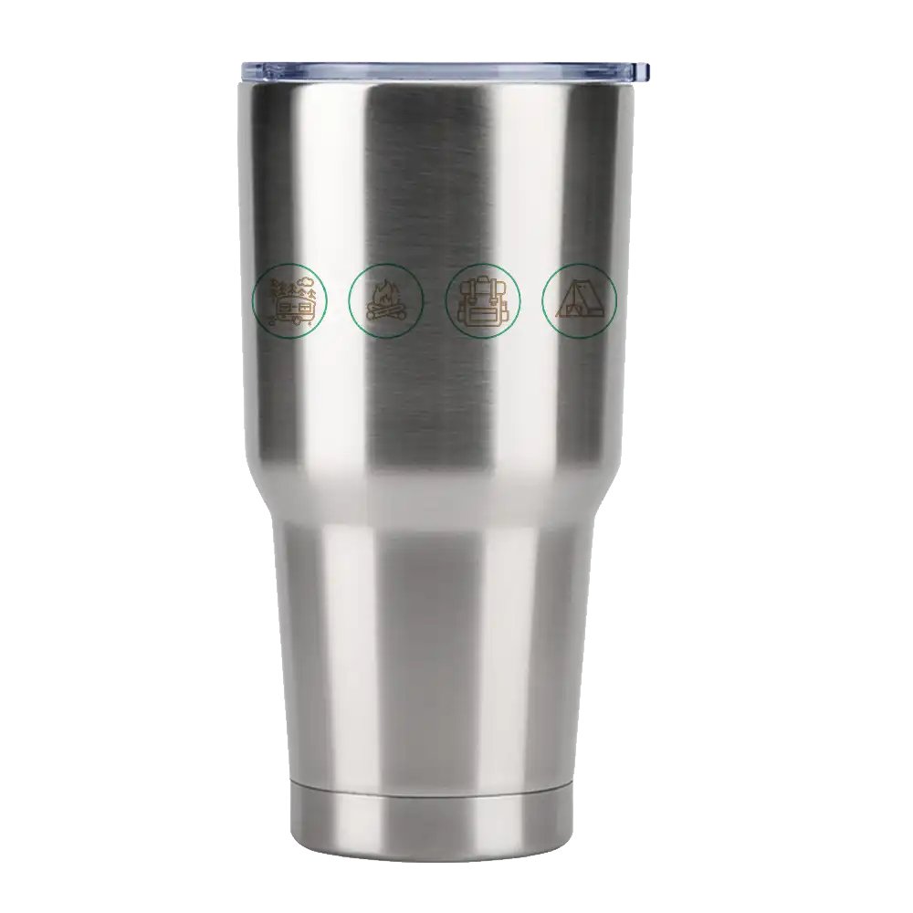 Camp Life 30oz Insulated Vacuum Sealed Tumbler in stainless steel with a splash-proof lid, showcasing its sleek design and UV-printed graphics.