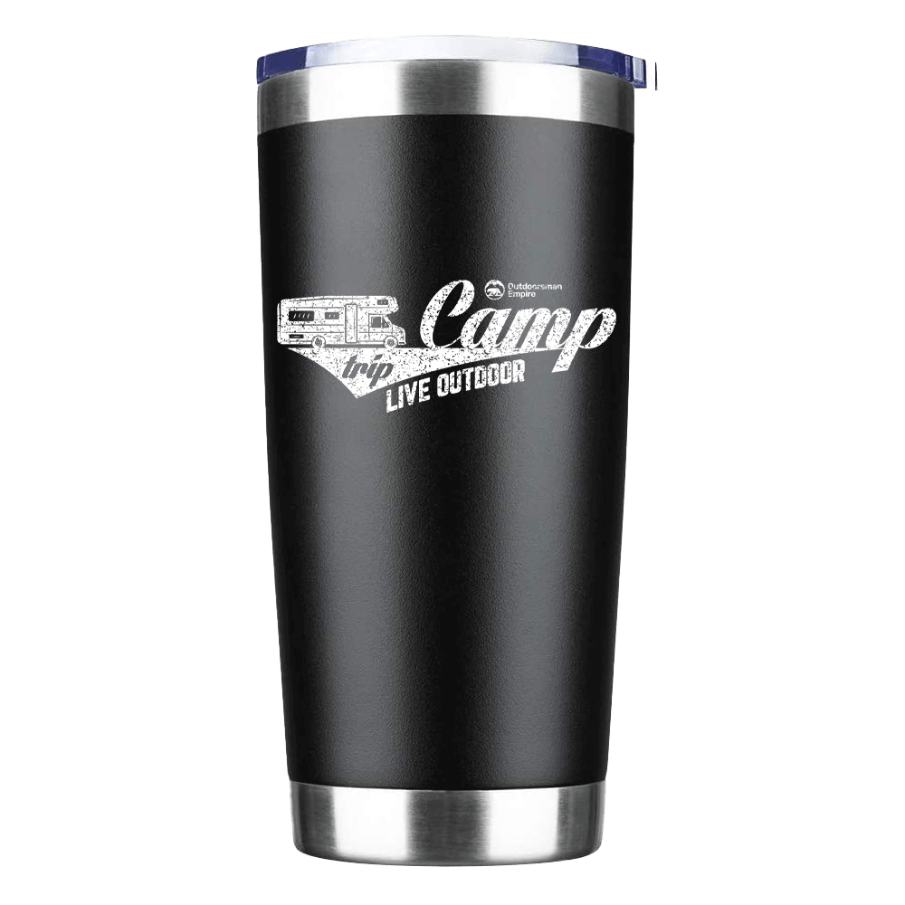 Camp Trip Live Outdoor 20oz Insulated Vacuum Sealed Tumbler in stainless steel with UV-printed design, perfect for hot and cold beverages.