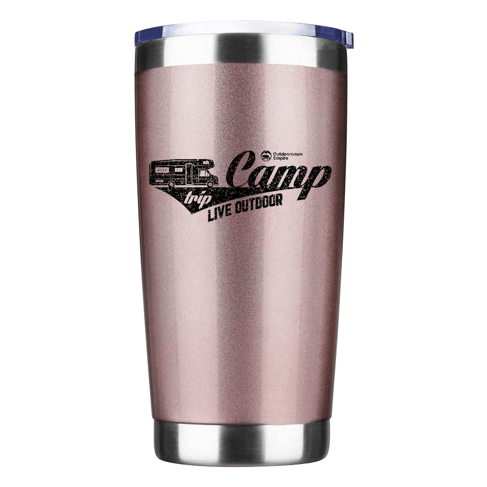 Camp Trip Live Outdoor 20oz Insulated Vacuum Sealed Tumbler in stainless steel with UV-printed design, perfect for hot and cold beverages.