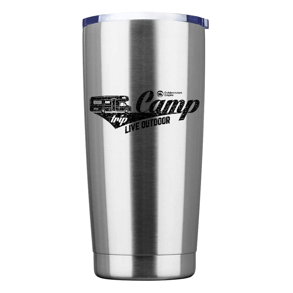 Camp Trip Live Outdoor 20oz Insulated Vacuum Sealed Tumbler in stainless steel with UV-printed design, perfect for hot and cold beverages.