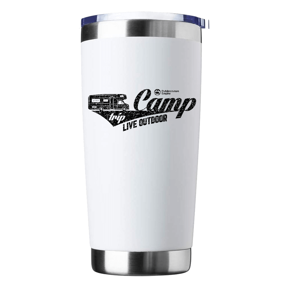 Camp Trip Live Outdoor 20oz Insulated Vacuum Sealed Tumbler in stainless steel with UV-printed design, perfect for hot and cold beverages.