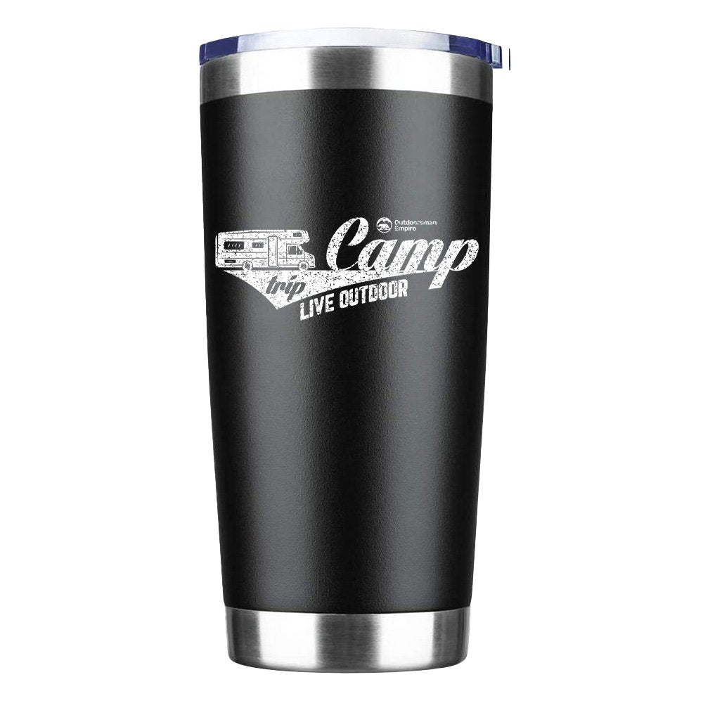 Camp Trip Live Outdoor 20oz Insulated Vacuum Sealed Tumbler in stainless steel with UV-printed design, perfect for hot and cold beverages.