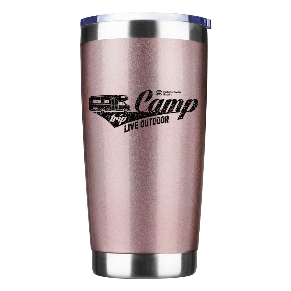 Camp Trip Live Outdoor 20oz Insulated Vacuum Sealed Tumbler in stainless steel with UV-printed design, perfect for hot and cold beverages.