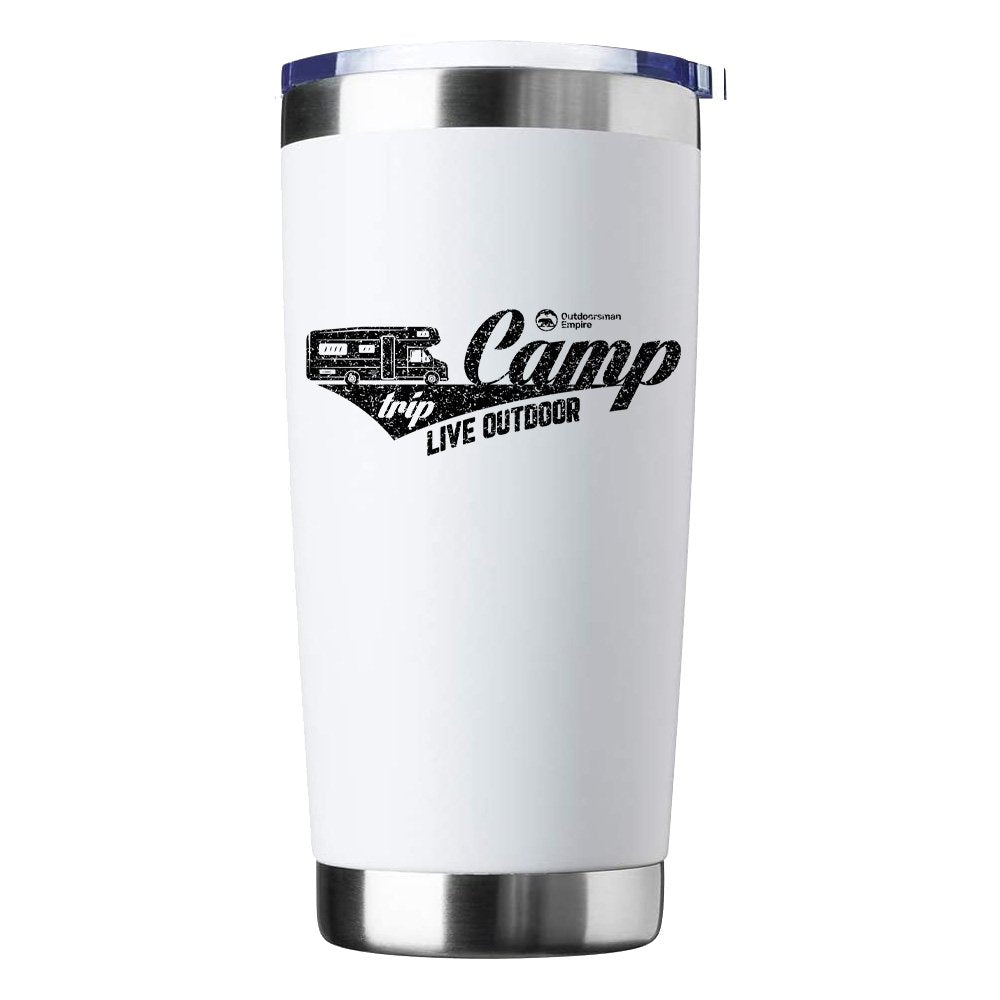 Camp Trip Live Outdoor 20oz Insulated Vacuum Sealed Tumbler in stainless steel with UV-printed design, perfect for hot and cold beverages.