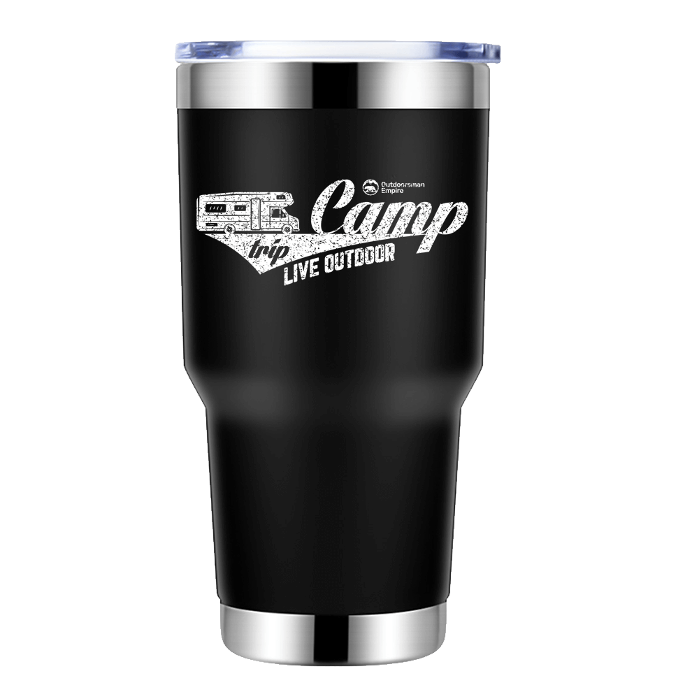 Camp Trip Live Outdoor 30oz Insulated Vacuum Sealed Tumbler in stainless steel with a splash-proof lid and UV-printed design.