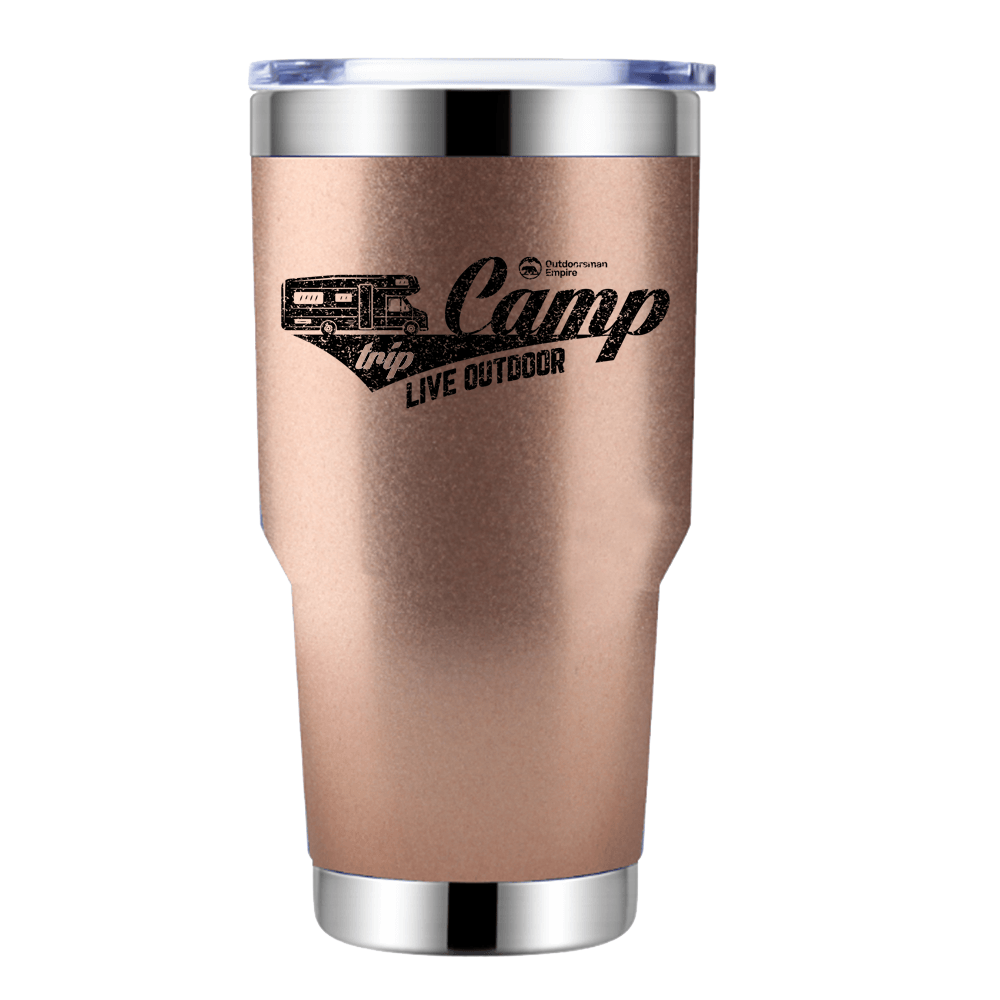 Camp Trip Live Outdoor 30oz Insulated Vacuum Sealed Tumbler in stainless steel with a splash-proof lid and UV-printed design.