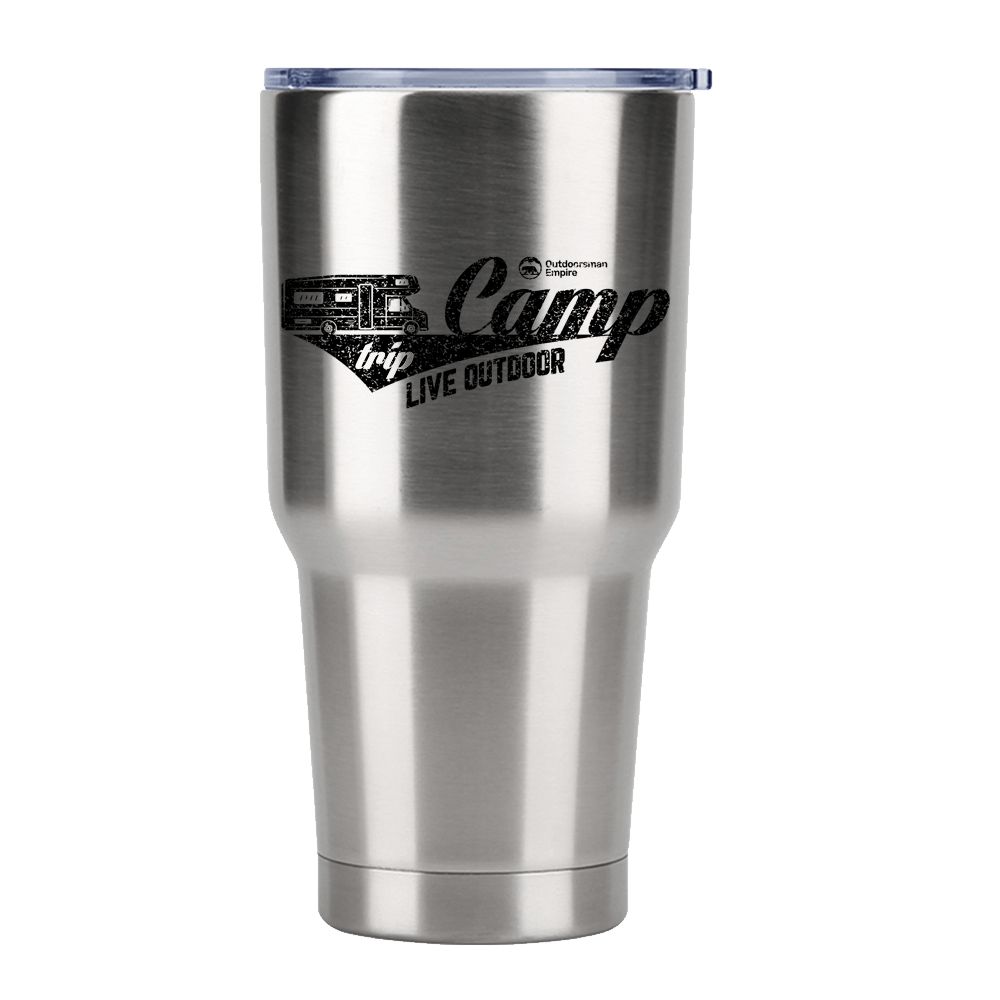 Camp Trip Live Outdoor 30oz Insulated Vacuum Sealed Tumbler in stainless steel with a splash-proof lid and UV-printed design.