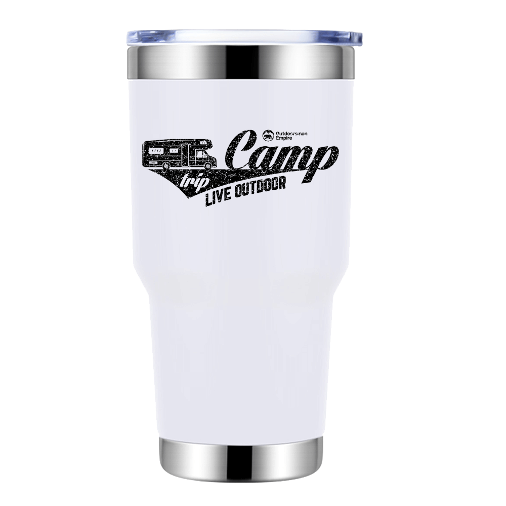 Camp Trip Live Outdoor 30oz Insulated Vacuum Sealed Tumbler in stainless steel with a splash-proof lid and UV-printed design.