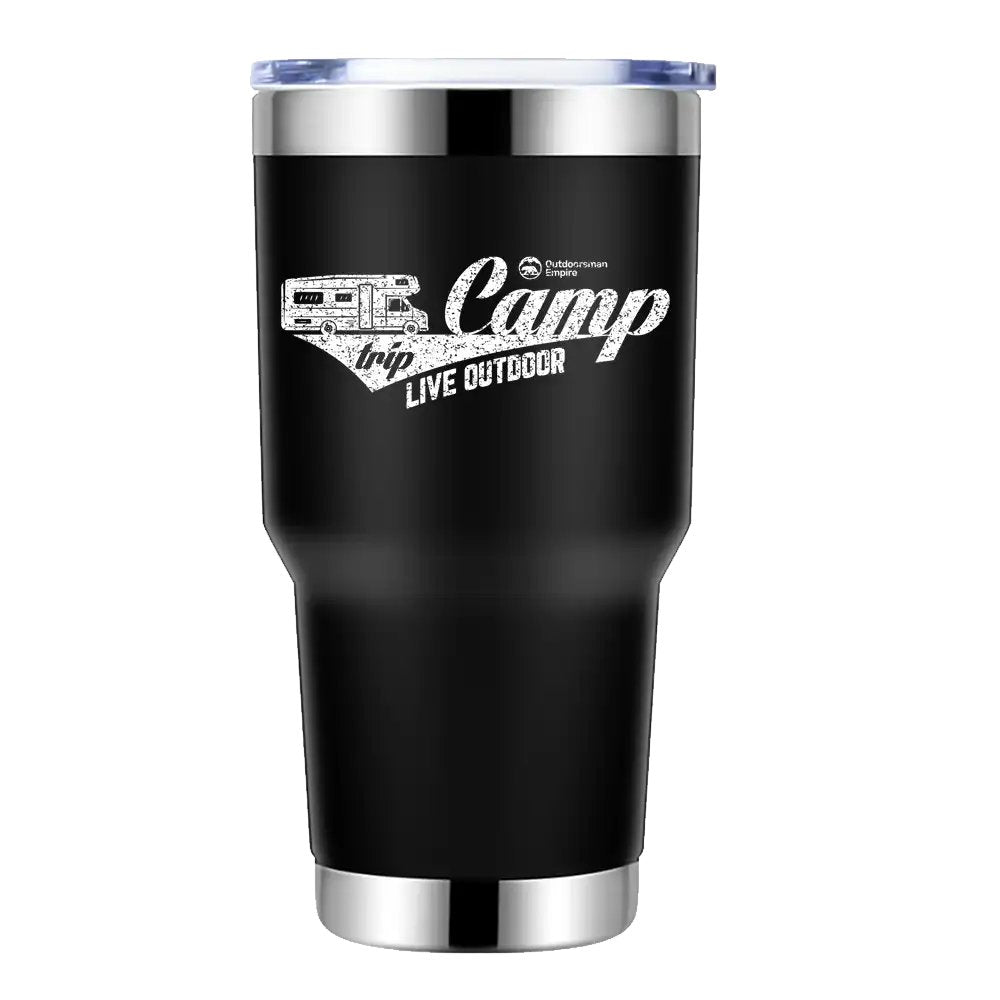 Camp Trip Live Outdoor 30oz Insulated Vacuum Sealed Tumbler in stainless steel with a splash-proof lid and UV-printed design.