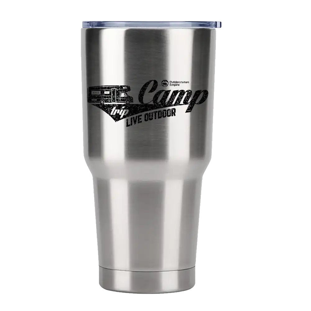 Camp Trip Live Outdoor 30oz Insulated Vacuum Sealed Tumbler in stainless steel with a splash-proof lid and UV-printed design.