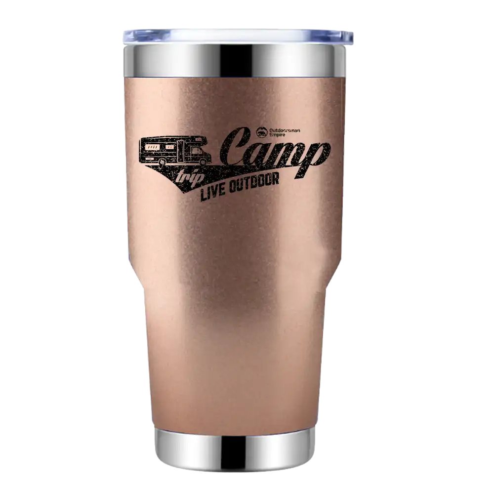 Camp Trip Live Outdoor 30oz Insulated Vacuum Sealed Tumbler in stainless steel with a splash-proof lid and UV-printed design.