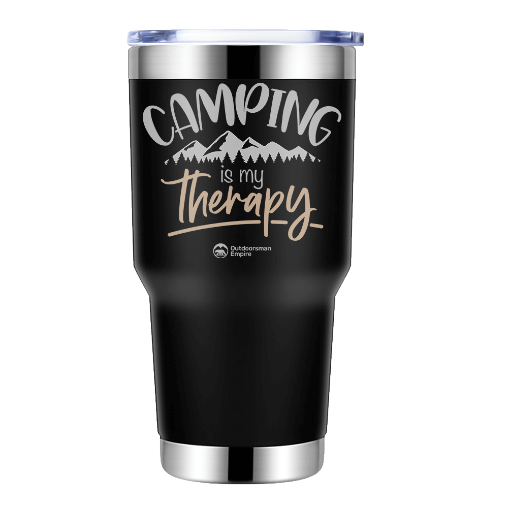 Camping Is My Therapy 30oz Insulated Vacuum Sealed Tumbler in stainless steel with a vibrant UV-printed design, showcasing its double-walled insulation.