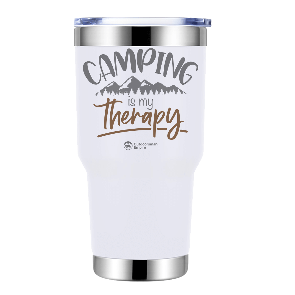 Camping Is My Therapy 30oz Insulated Vacuum Sealed Tumbler in stainless steel with a vibrant UV-printed design, showcasing its double-walled insulation.