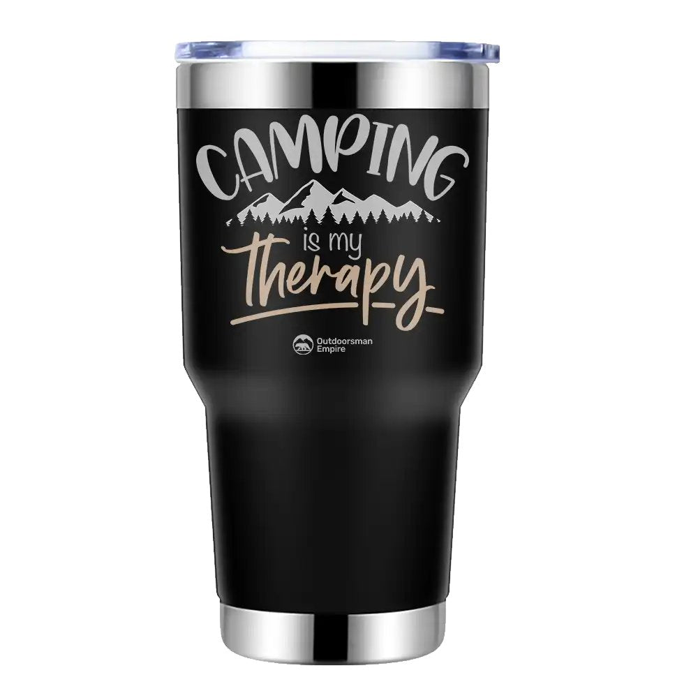 Camping Is My Therapy 30oz Insulated Vacuum Sealed Tumbler in stainless steel with a vibrant UV-printed design, showcasing its double-walled insulation.