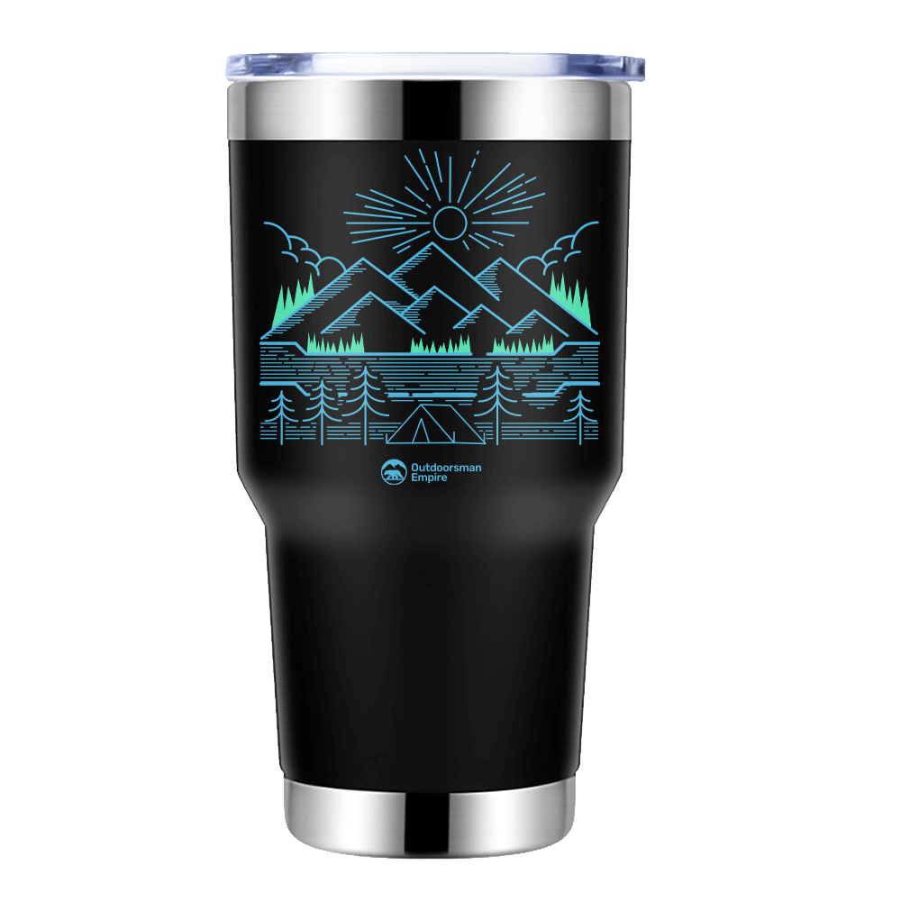 Camping Lines 30oz insulated vacuum sealed tumbler in stainless steel with vibrant UV-printed design, perfect for hot and cold beverages.