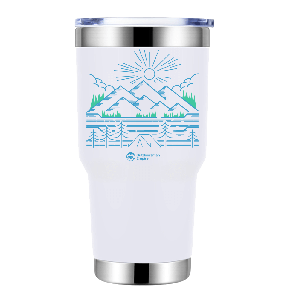 Camping Lines 30oz insulated vacuum sealed tumbler in stainless steel with vibrant UV-printed design, perfect for hot and cold beverages.