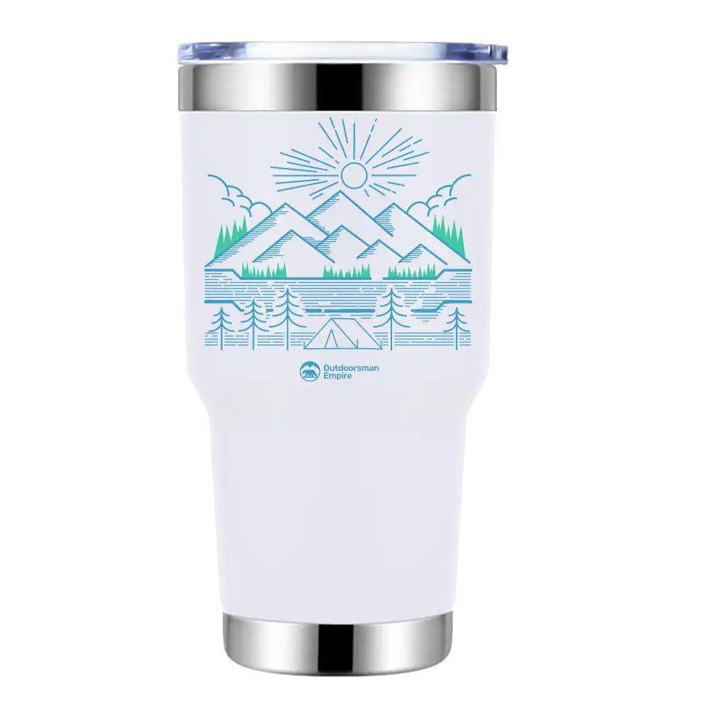 Camping Lines 30oz insulated vacuum sealed tumbler in stainless steel with vibrant UV-printed design, perfect for hot and cold beverages.