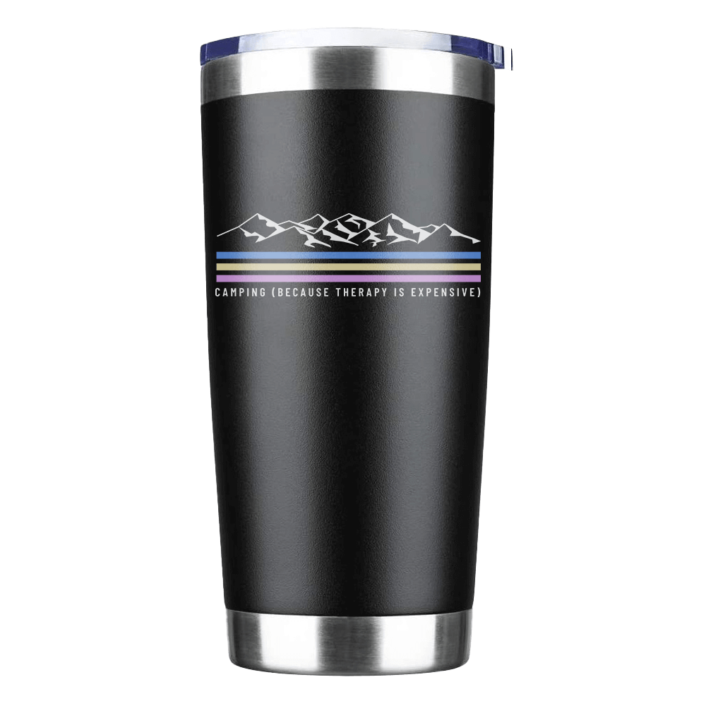 Camping Lines 20oz Insulated Vacuum Sealed Tumbler in stainless steel with UV-printed design, showcasing its sleek and durable construction.