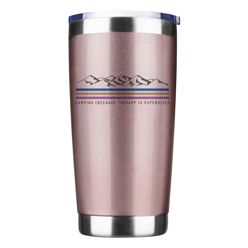 Camping Lines 20oz Insulated Vacuum Sealed Tumbler in stainless steel with UV-printed design, showcasing its sleek and durable construction.