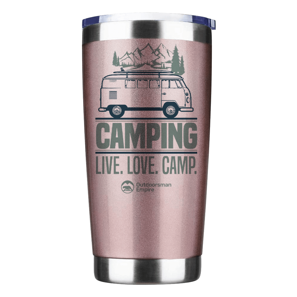 Camping Live Love Camp 20oz Insulated Vacuum Sealed Tumbler with a stylish design and secure lid, perfect for outdoor adventures.