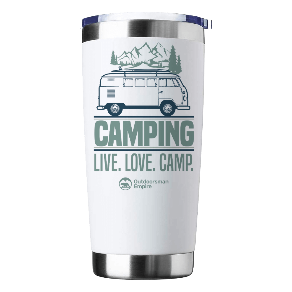 Camping Live Love Camp 20oz Insulated Vacuum Sealed Tumbler with a stylish design and secure lid, perfect for outdoor adventures.