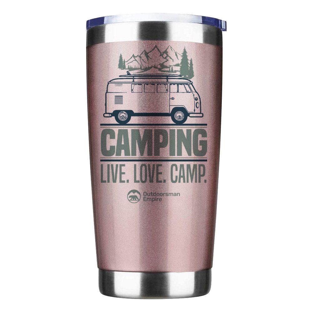 Camping Live Love Camp 20oz Insulated Vacuum Sealed Tumbler with a stylish design and secure lid, perfect for outdoor adventures.