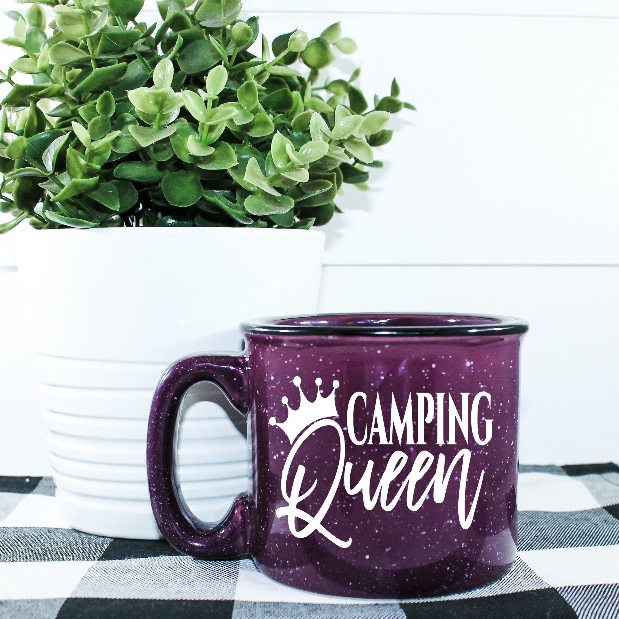 Camping Queen Campfire Mug with outdoor vinyl design, perfect for camping and outdoor activities.