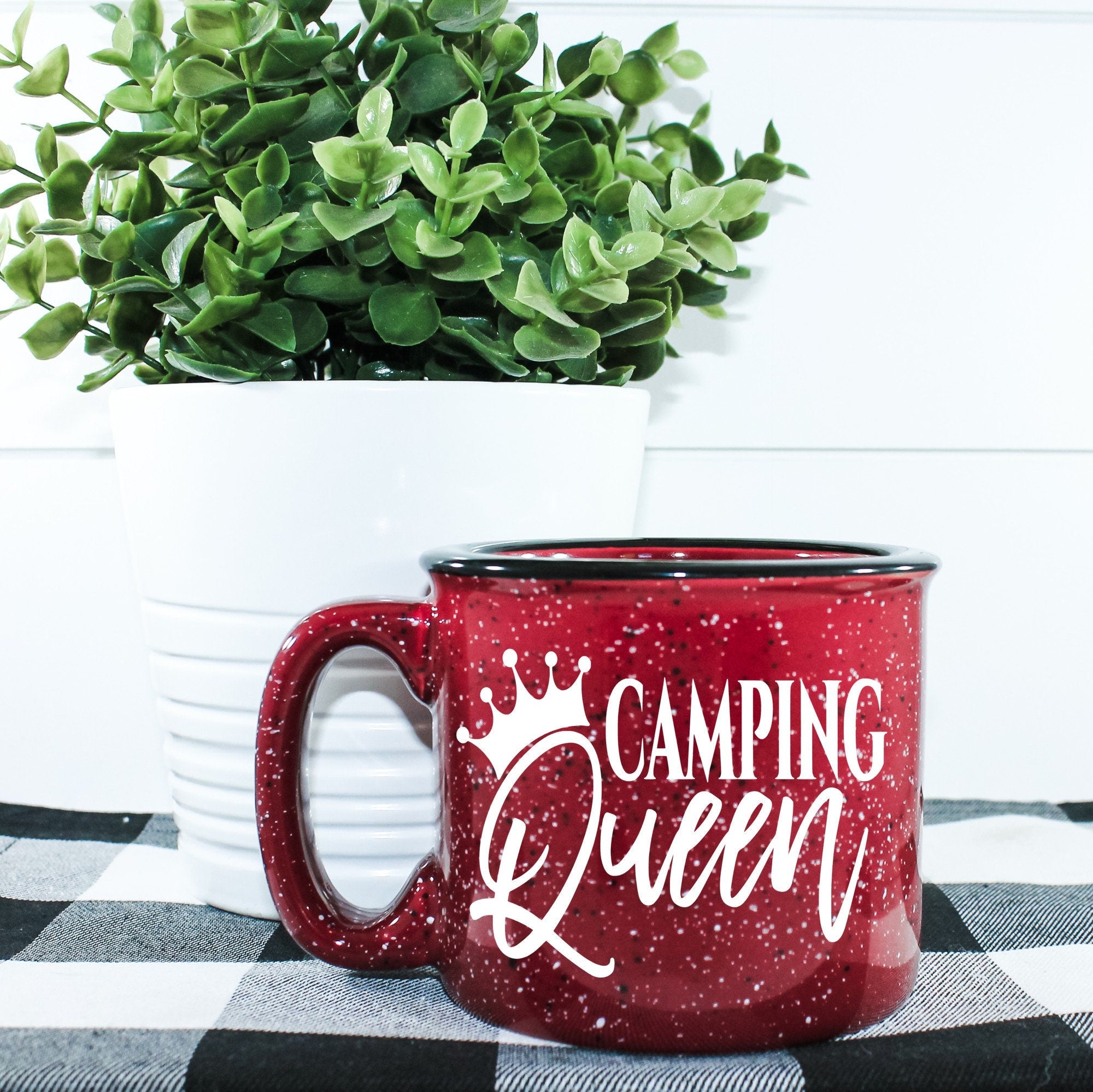 Camping Queen Campfire Mug with outdoor vinyl design, perfect for camping and outdoor activities.