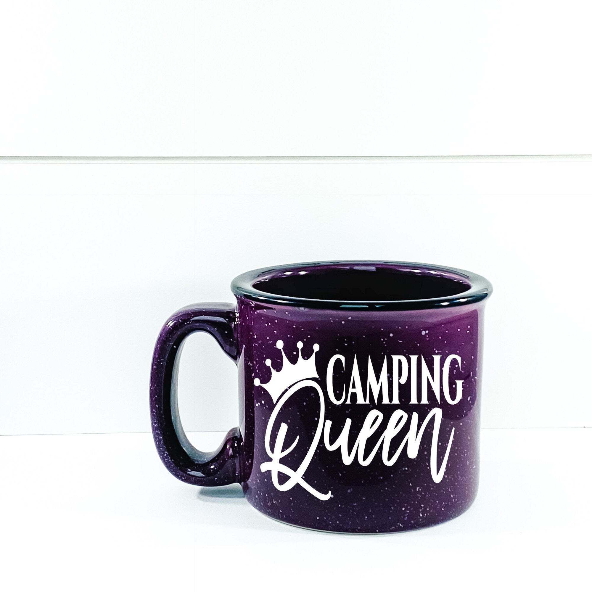 Camping Queen Campfire Mug with outdoor vinyl design, perfect for camping and outdoor activities.