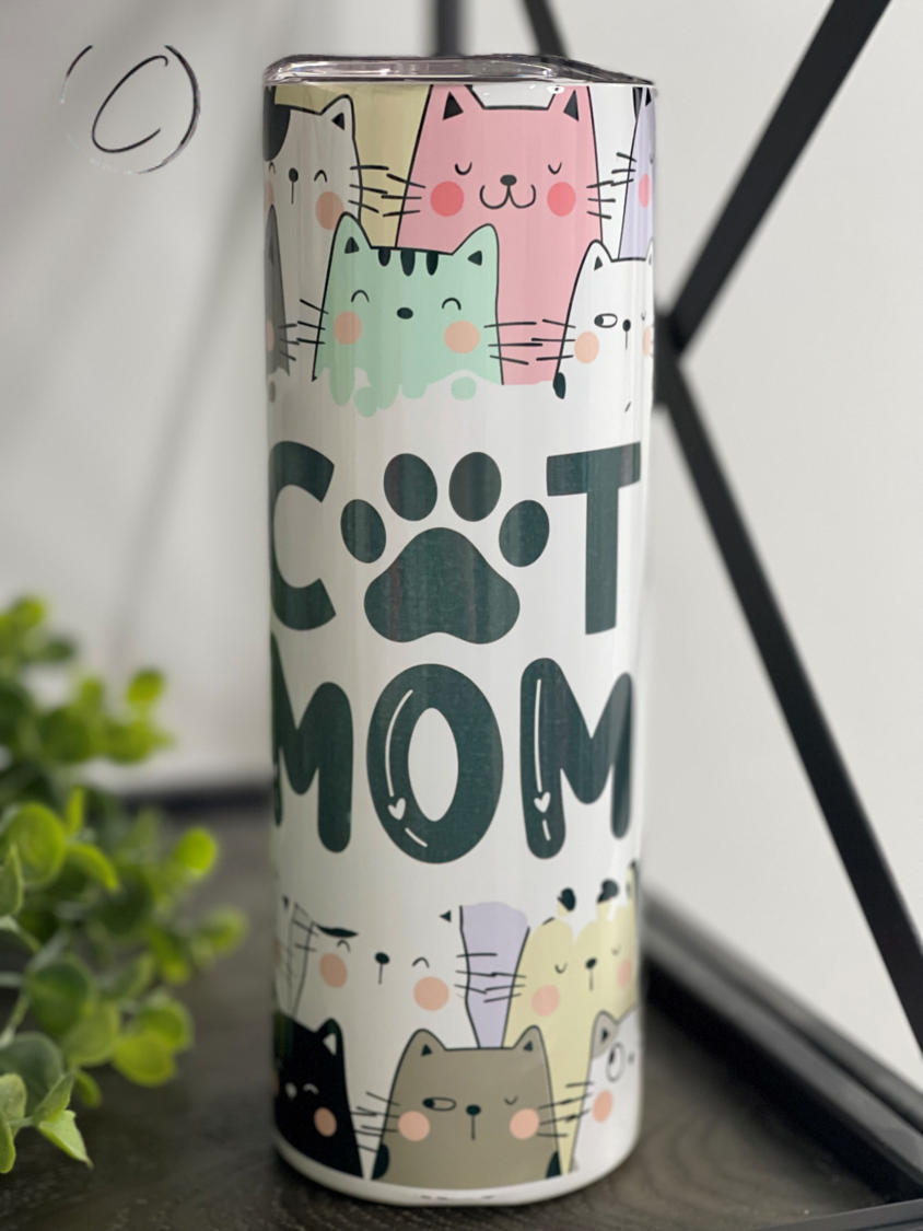 Cat Mom 20oz Skinny Tumbler with a full wrap design featuring cat-themed graphics, perfect for stylish hydration.