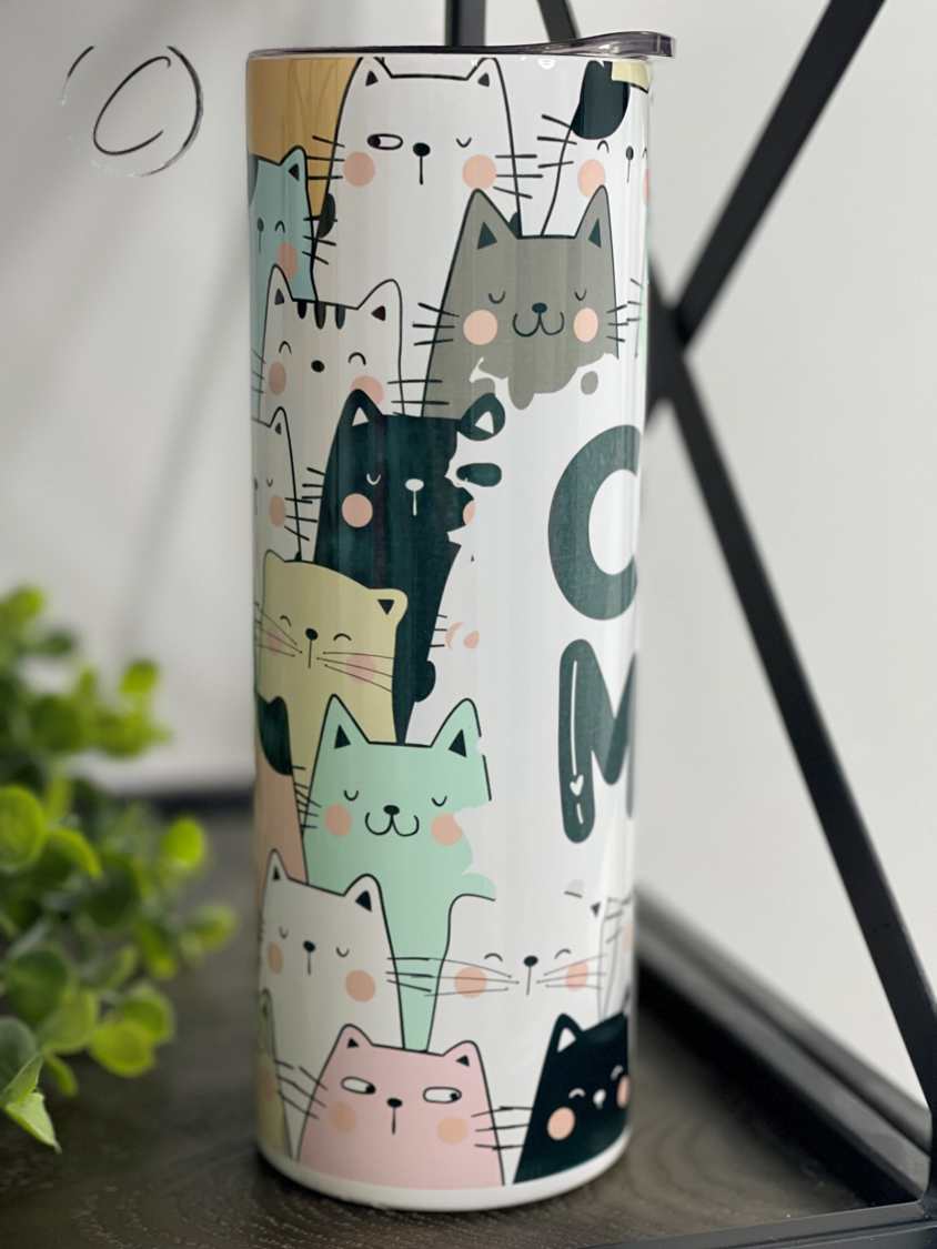 Cat Mom 20oz Skinny Tumbler with a full wrap design featuring cat-themed graphics, perfect for stylish hydration.