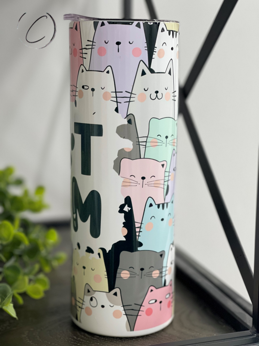 Cat Mom 20oz Skinny Tumbler with a full wrap design featuring cat-themed graphics, perfect for stylish hydration.