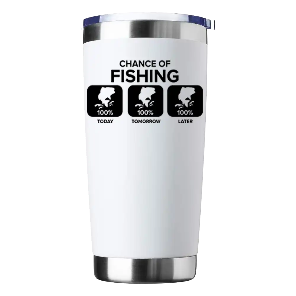 Chance of Fishing 20oz insulated tumbler with UV-printed design, showcasing its sleek stainless steel construction and splash-proof lid.