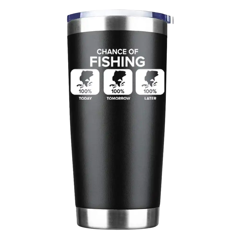 Chance of Fishing 20oz insulated tumbler with UV-printed design, showcasing its sleek stainless steel construction and splash-proof lid.