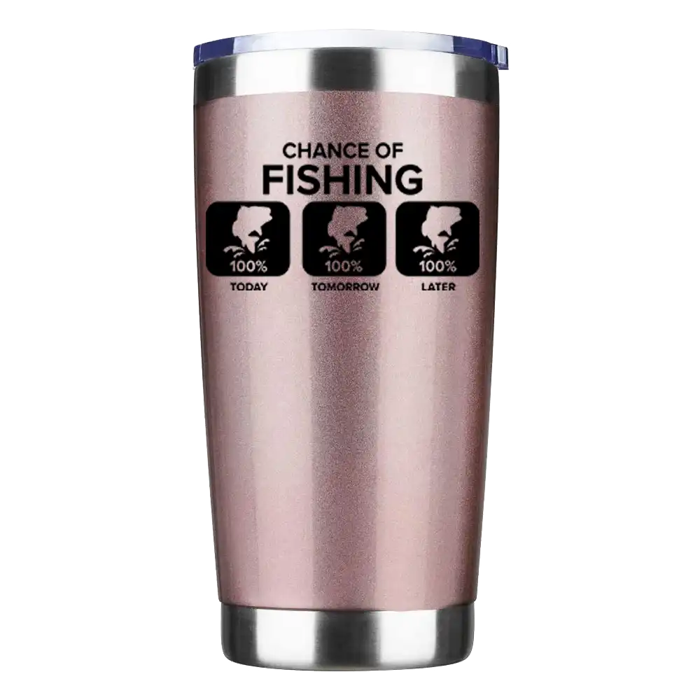 Chance of Fishing 20oz insulated tumbler with UV-printed design, showcasing its sleek stainless steel construction and splash-proof lid.