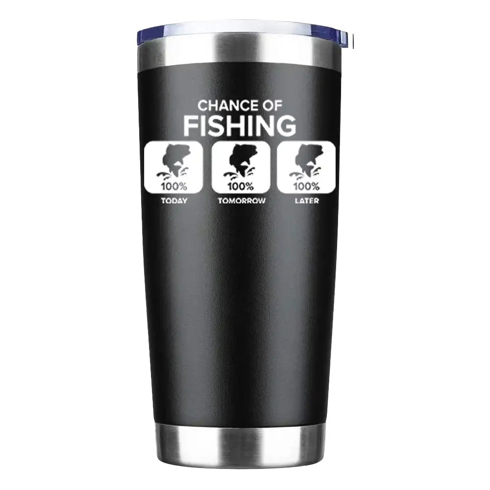 Chance of Fishing 20oz insulated tumbler with UV-printed design, showcasing its sleek stainless steel construction and splash-proof lid.