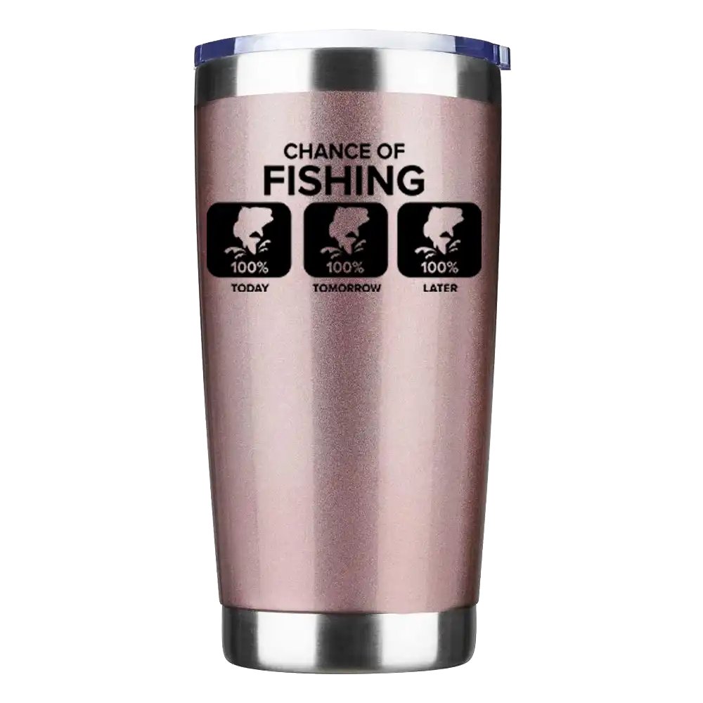 Chance of Fishing 20oz insulated tumbler with UV-printed design, showcasing its sleek stainless steel construction and splash-proof lid.