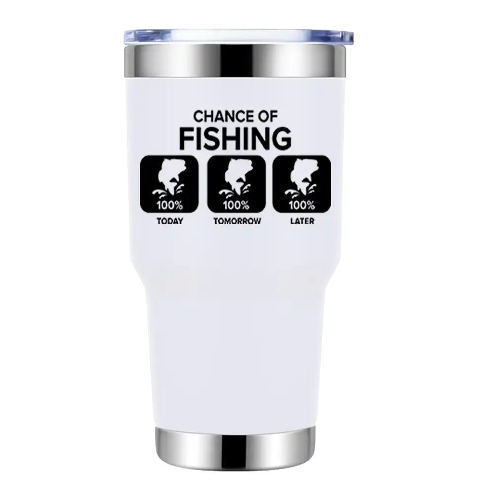 Chance of Fishing 30oz insulated tumbler with a sleek stainless steel design and vibrant UV-printed graphics.