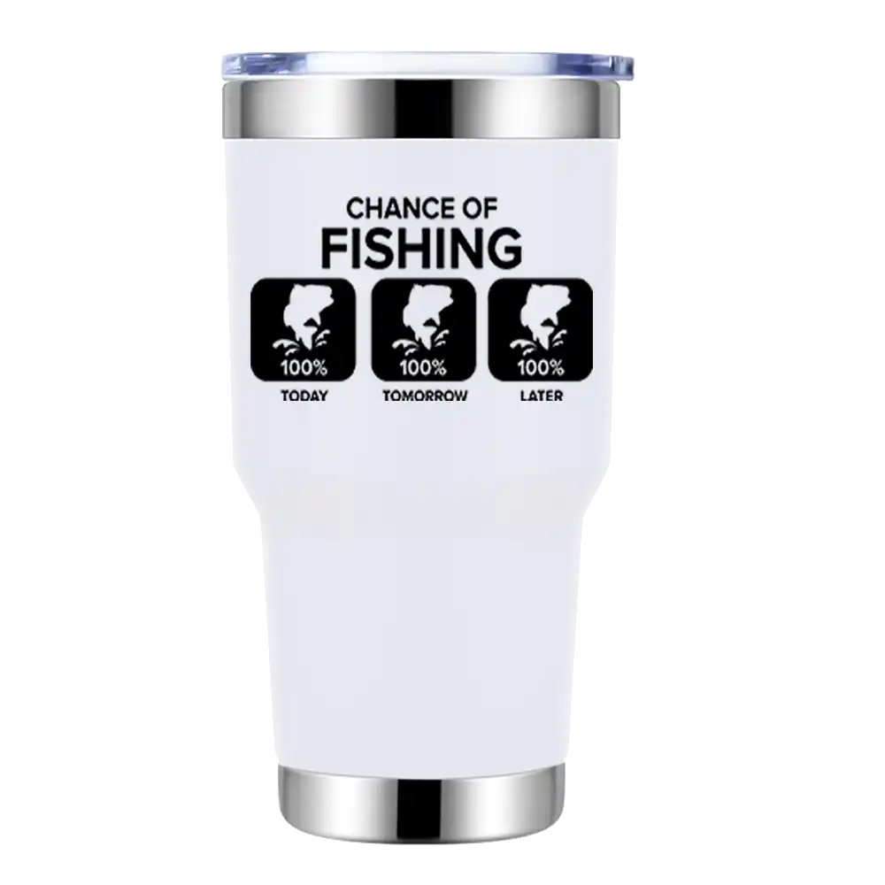 Chance of Fishing 30oz insulated tumbler with a sleek stainless steel design and vibrant UV-printed graphics.