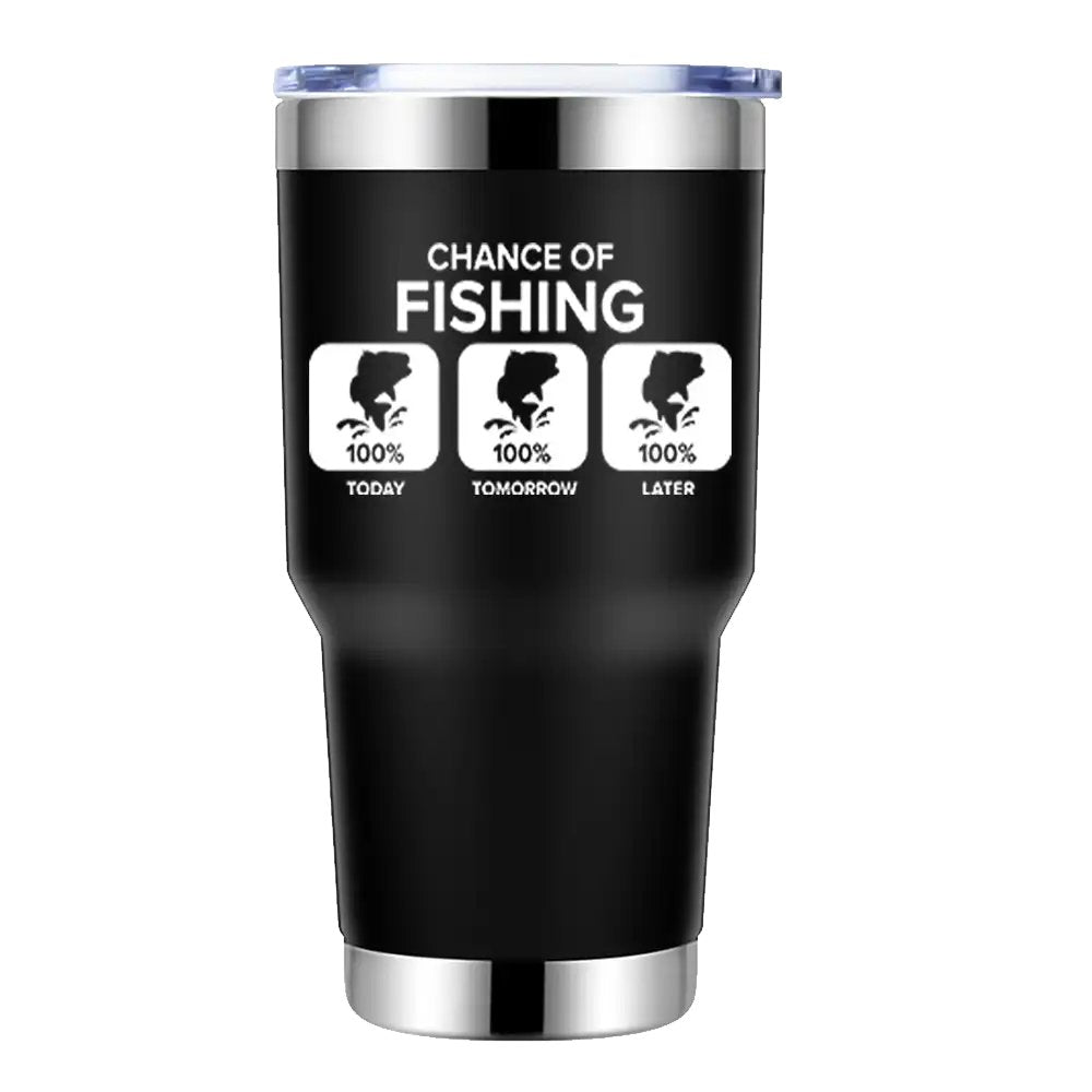 Chance of Fishing 30oz insulated tumbler with a sleek stainless steel design and vibrant UV-printed graphics.