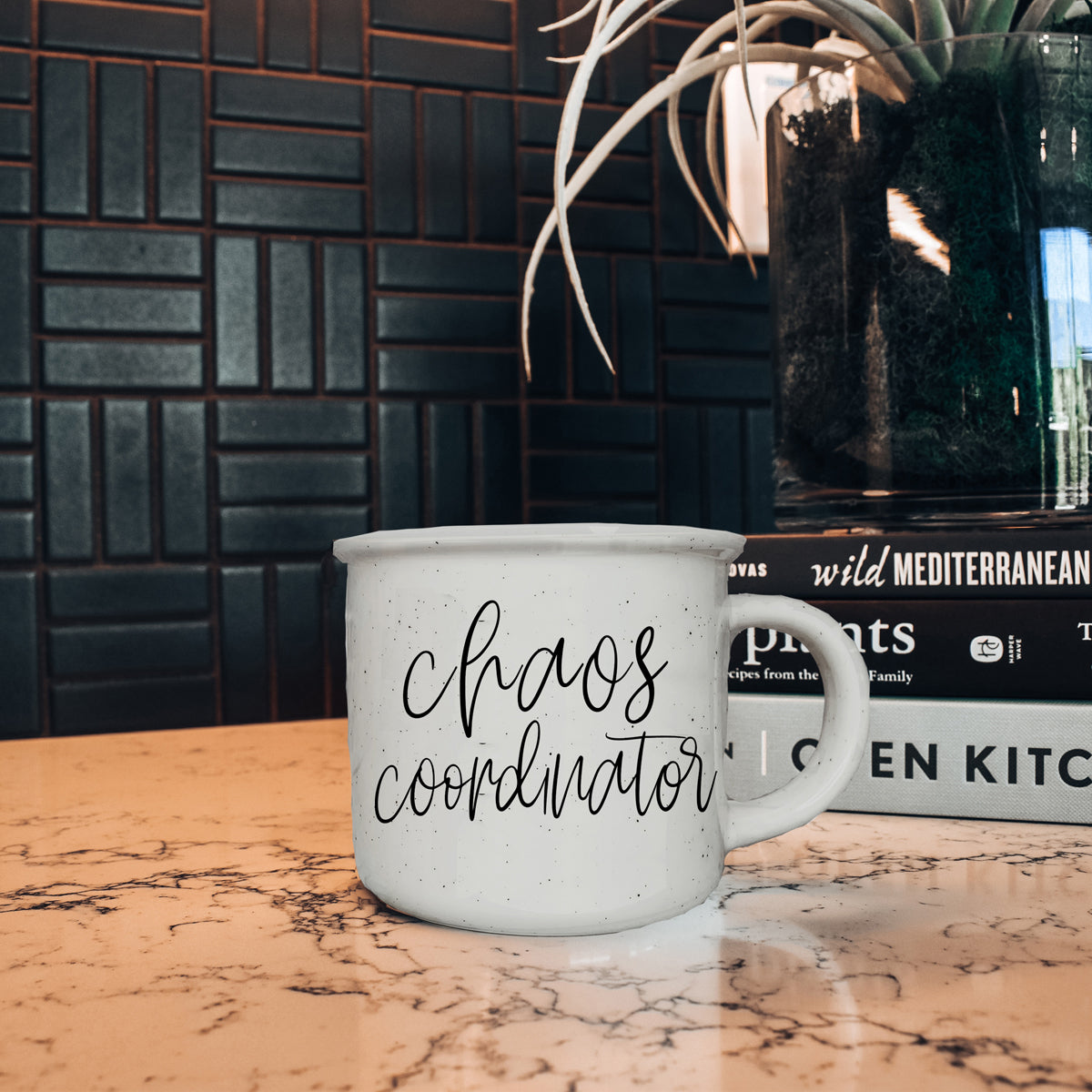 Chaos Coordinator 14.5oz ceramic campfire mug with white sesame glaze and black lettering, designed for daily use.