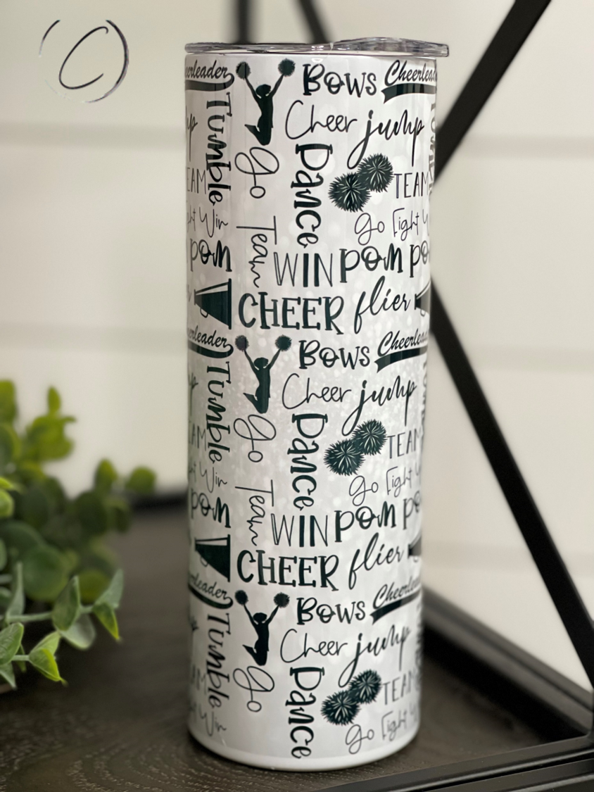 Cheer Silhouette 20oz Skinny Tumbler with vibrant design and reusable straw, showcasing its durable construction.