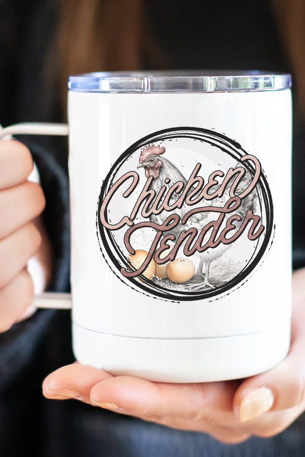 A stainless steel travel mug featuring a colorful Chicken Tender Circle design, double wall insulated for temperature retention, with a secure lid.