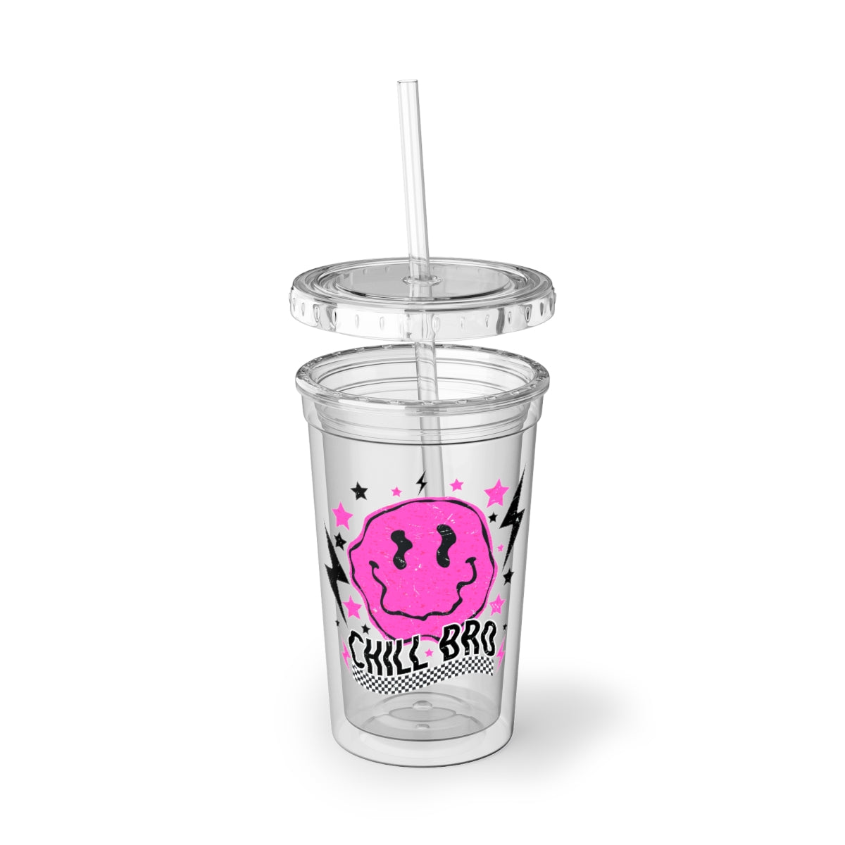 Chill Bro Acrylic Cup with double-wall insulation, featuring a plastic lid and straw, perfect for hot and cold beverages.