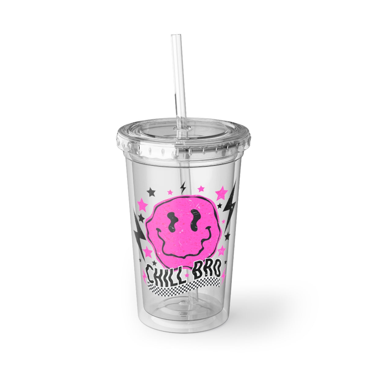 Chill Bro Acrylic Cup with double-wall insulation, featuring a plastic lid and straw, perfect for hot and cold beverages.